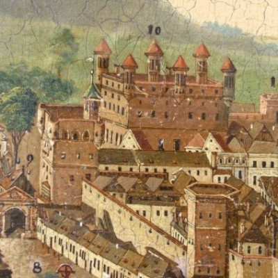 V&yacute;řez z veduty Jana Ign&aacute;ce Čapka z roku 1744 zachycuj&iacute;c&iacute; z&aacute;mek v době, kdy zde s&iacute;dlila spr&aacute;va jezuitsk&eacute;ho panstv&iacute;.