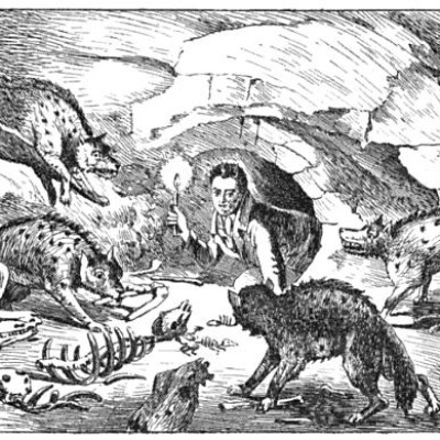 7. Osobnost W. B. byla ve sv&eacute; době vděčn&yacute;m n&aacute;mětem satirick&yacute;ch kresl&iacute;řů. Zde coby objevitel jeskyně ob&yacute;van&eacute; hyenami. Karikatura Williama Conybeara z roku 1822 je nar&aacute;žkou na Bucklandova zji&scaron;těn&iacute; o fosili&iacute;ch v jeskyni Kirkdale.